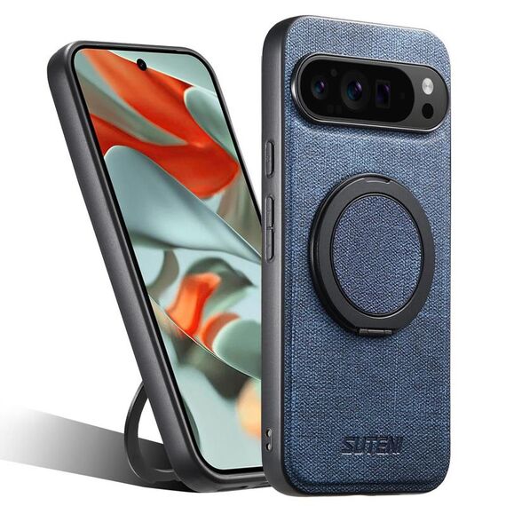 Per Google Pixel 9 Pro XL Suteni G3 360 Supporto Rotante MagSafe Denim Custodia Posteriore in Pelle per Telefono (Blu)