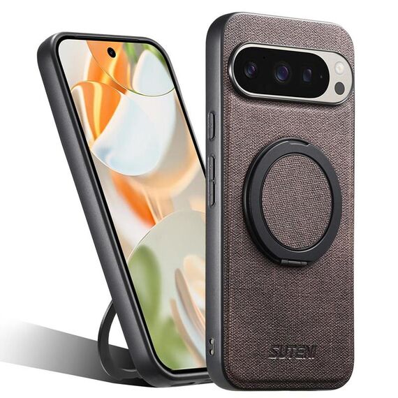 Per Google Pixel 9 Pro Suteni G3 360 Supporto Rotante MagSafe Denim Custodia Posteriore in Pelle per Telefono (Marrone)