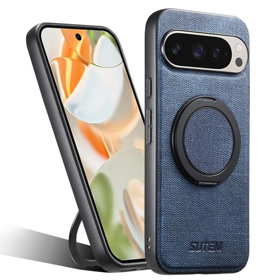 Per Google Pixel 9 Pro Suteni G3 360 Supporto Rotante MagSafe Denim Custodia Posteriore in Pelle per Telefono (Blu)
