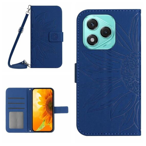 Custodia in pelle con motivo a fiore di sole per Honor 400 Lite con cordino (blu scuro)