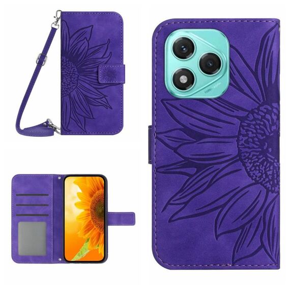 Custodia in pelle con motivo a fiore di sole per Honor 400 Lite con cordino (viola scuro)