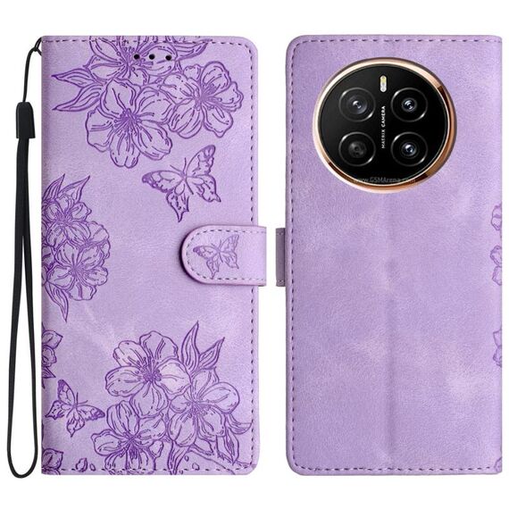 Custodia per telefono in PU goffrato con effetto pelle di farfalla per Honor Magic7 Pro Cherry Blossom (viola)