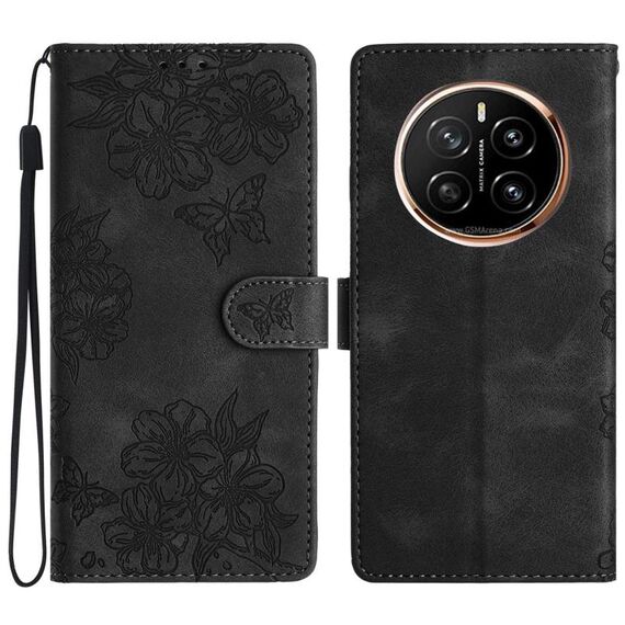 Custodia per telefono in PU goffrato con motivo a farfalla in fiore di ciliegio per Honor Magic7 Pro (nero)