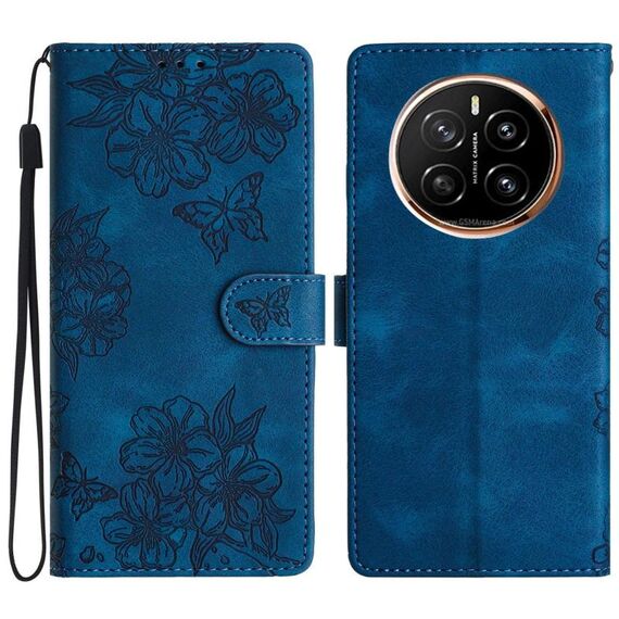 Custodia per telefono in PU goffrato con effetto pelle di farfalla per Honor Magic7 Cherry Blossom (blu)