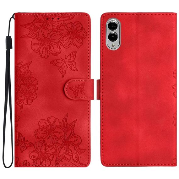Per Samsung Galaxy S25 Edge 5G Custodia per telefono in PU goffrato con motivo a farfalla in fiore di ciliegio (rosso)