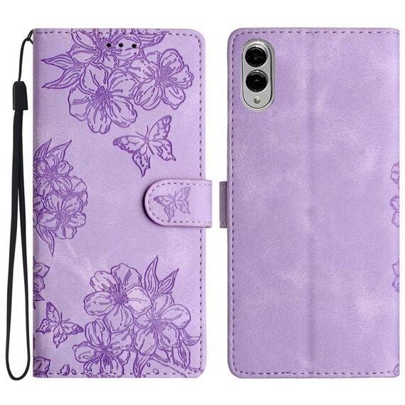 Per Samsung Galaxy S25 Edge 5G Custodia per telefono in PU goffrato con motivo a farfalla e fiori di ciliegio (viola)
