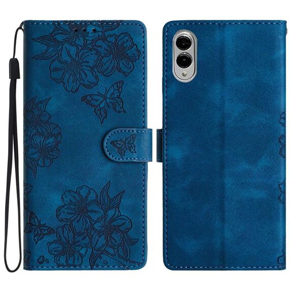 Per Samsung Galaxy S25 Edge 5G Custodia per telefono in PU goffrato con motivo a farfalla in fiore di ciliegio (blu)