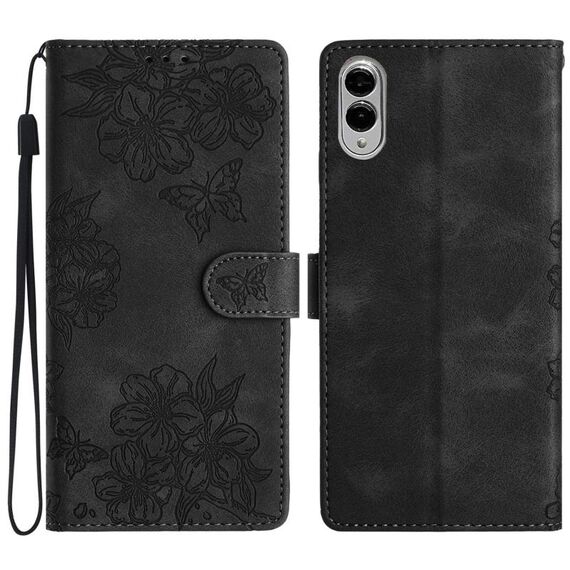 Per Samsung Galaxy S25 Edge 5G Custodia per telefono in PU goffrato con motivo a farfalla in fiore di ciliegio (nero)