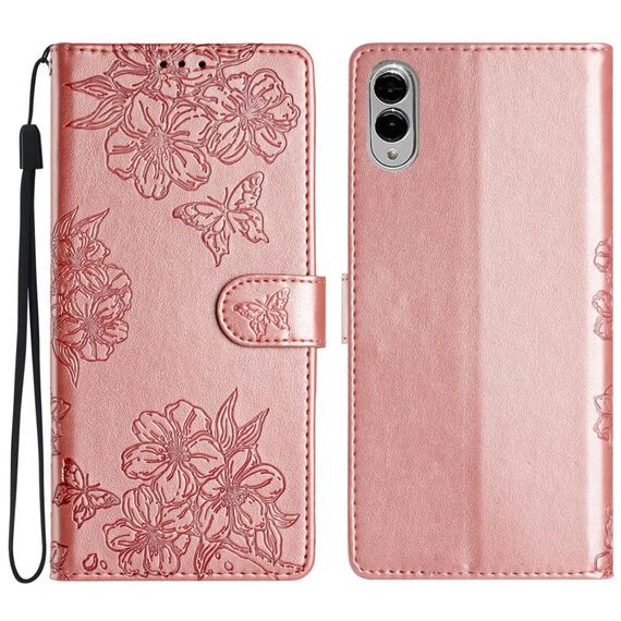 Per Samsung Galaxy S25 Edge 5G Custodia per telefono in PU goffrato con motivo a farfalla e fiori di ciliegio (oro rosa)