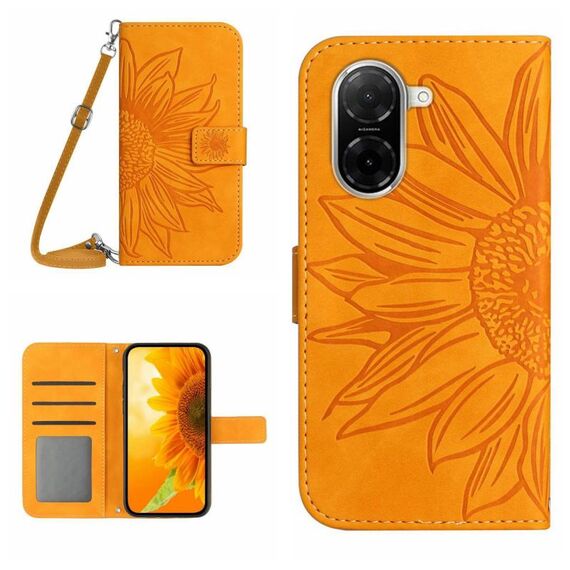 Per Redmi A5 4G / Xiaomi Poco C71 Custodia in pelle con stampa a fiore di sole e cordino (giallo)