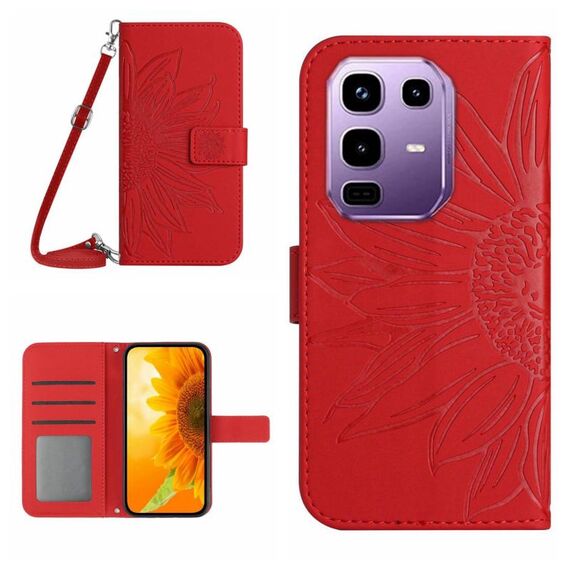 Custodia in pelle con stampa a fiore di sole per Infinix Note 50 Pro 4G / Note 50 4G con cordino (rosso)