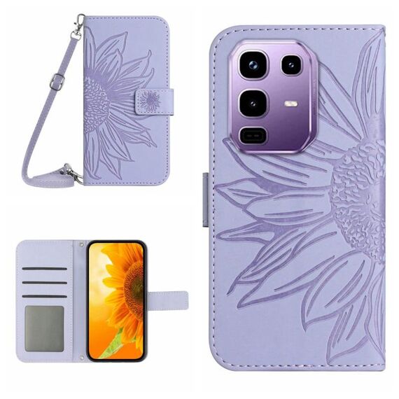Per Infinix Note 50 Pro 4G / Note 50 4G Custodia in pelle con stampa a fiore di sole e cordino (viola)
