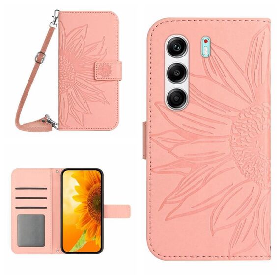 Custodia a libro in pelle con stampa a fiore di sole per Tecno Camon 40 Pro 5G con cordino (rosa)