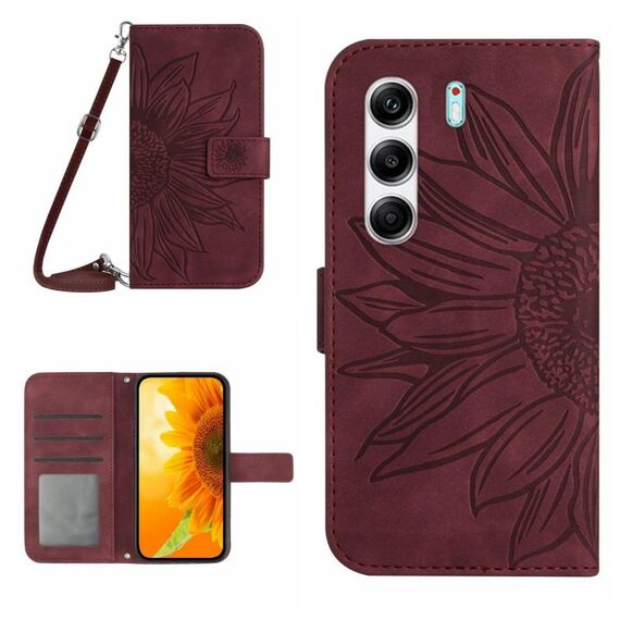 Custodia a libro in pelle con stampa a fiore di sole per Tecno Camon 40 Pro 5G con cordino (rosso vino)