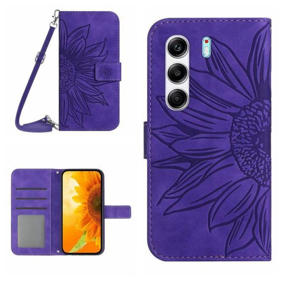 Custodia a libro in pelle con stampa a fiore di sole per Tecno Camon 40 4G con cordino (viola scuro)