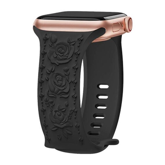 Per Apple Watch 46mm / 49mm / 45mm / 44mm Kalebol 8-shaped Buckle Rose Embossed Silicone Watch Band (Nero)