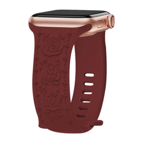Per Apple Watch 46mm / 49mm / 45mm / 44mm Kalebol 8-shaped Buckle Rose Embossed Silicone Watch Band (rosso vino)