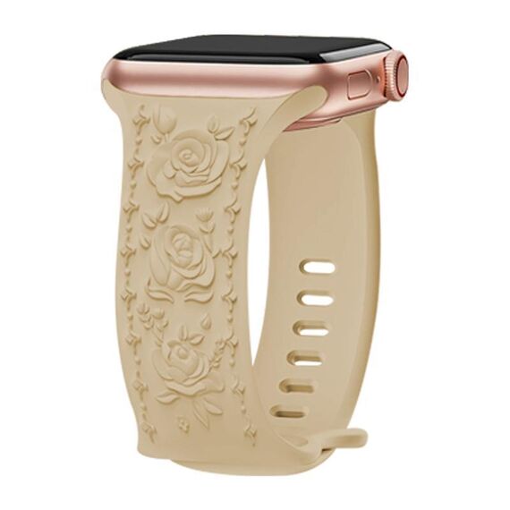 Per Apple Watch 42mm / 41mm / 40mm / 38mm Kalebol 8-shaped Buckle Rose Embossed Silicone Watch Band (Milk Tea)