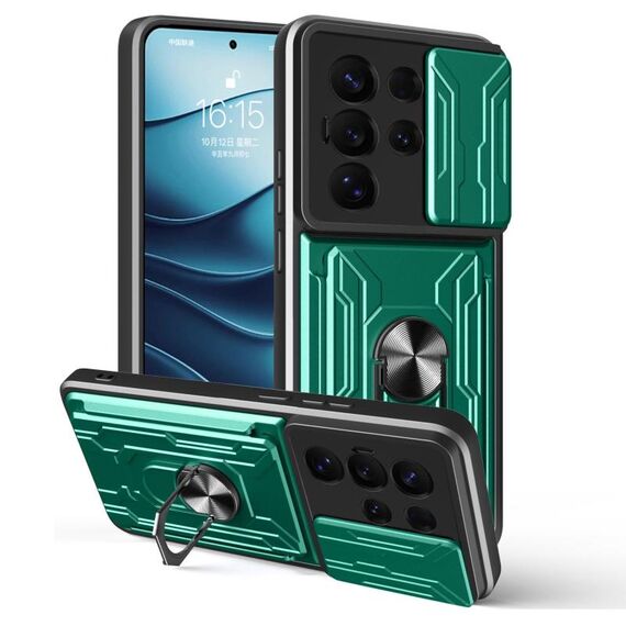 Per Samsung Galaxy S25 Ultra 5G Custodia per telefono scorrevole Camshield TPU+PC con slot per schede (verde scuro)