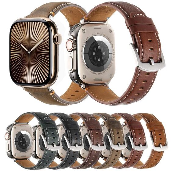 Per Apple Watch 46mm / 49mm / 45mm / 44mm Cinturino per orologio in vera pelle con cuciture Kalebol (pelle pull-up nera)