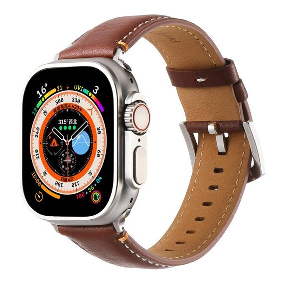 Per Apple Watch 46mm / 49mm / 45mm / 44mm Cinturino per orologio in vera pelle con cuciture Kalebol (pelle pull-up marrone)