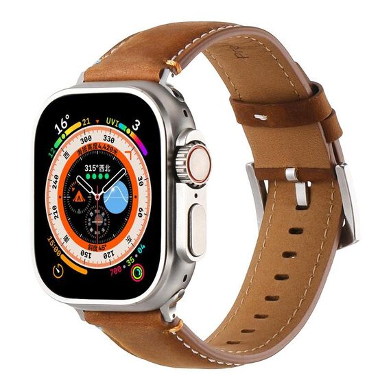 Per Apple Watch 46mm / 49mm / 45mm / 44mm Cinturino per orologio in vera pelle con cuciture Kalebol (marrone satinato)