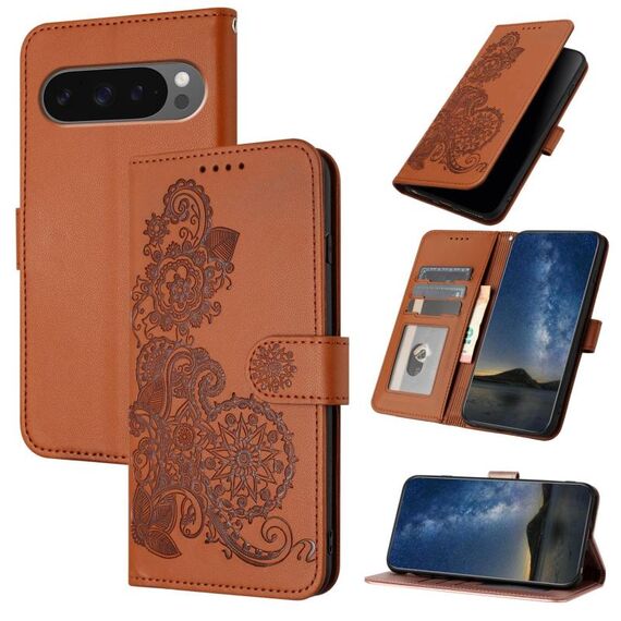 Per Google Pixel 10 / Pixel 10 Pro Custodia per telefono in pelle con motivo a fiori di Datura (marrone)