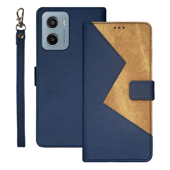 Per Motorola Moto E15 idewei Custodia per telefono in pelle bicolore con cuciture (blu)