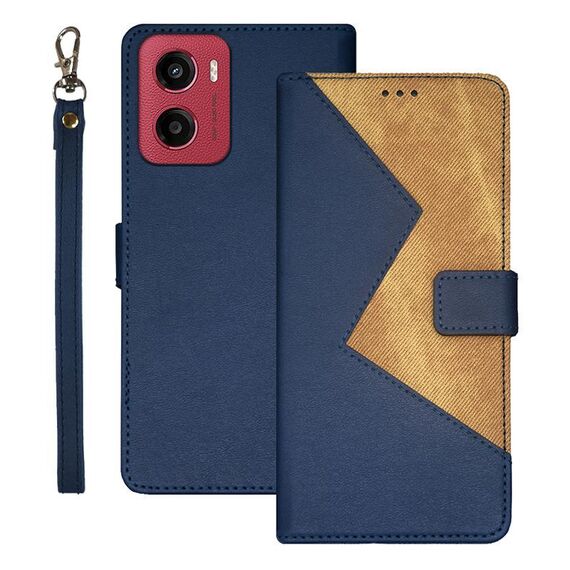 Per Motorola Moto G05 idewei Custodia per telefono in pelle bicolore con cuciture (blu)