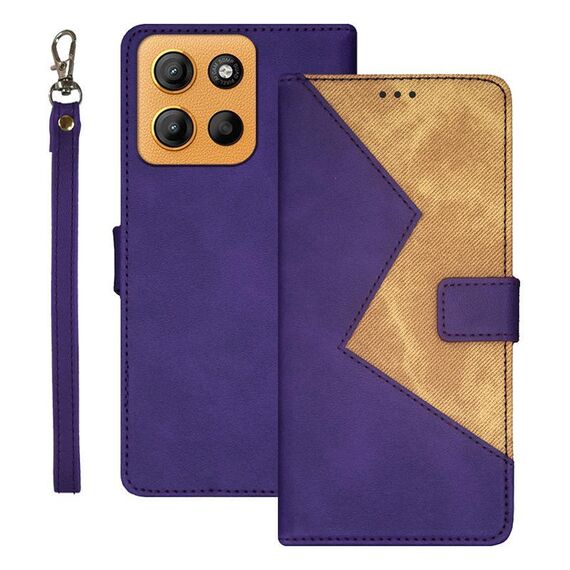 Per Motorola Moto G15 idewei Custodia per telefono in pelle bicolore con cuciture (viola)