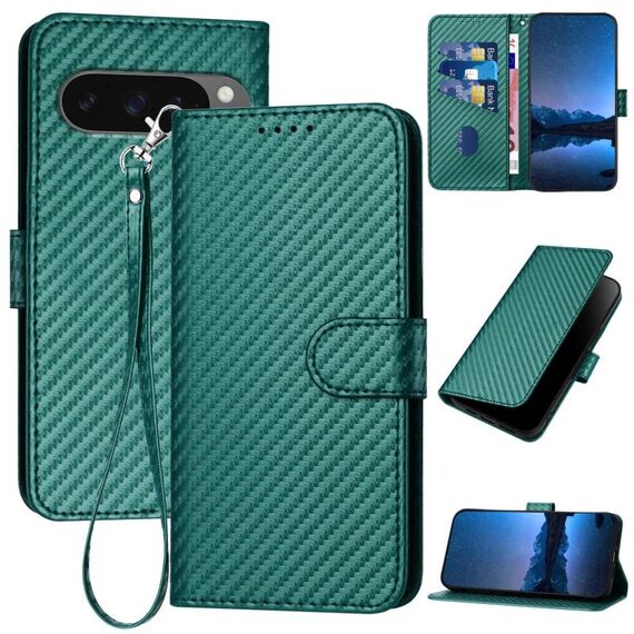 Per Google Pixel 10 / Pixel 10 Pro YX0070 Custodia in pelle con fibbia in fibra di carbonio e cordino (verde scuro)