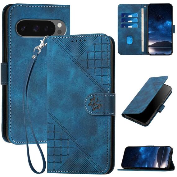 Per Google Pixel 10 Pro XL Custodia in pelle con motivo a farfalla in rilievo con cordino (blu scuro)