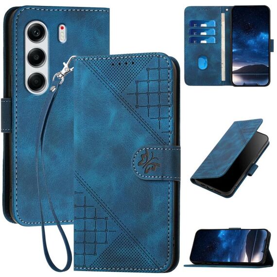 Per Tecno Camon 40 4G Custodia in pelle con motivo a farfalla in rilievo con cordino (blu scuro)