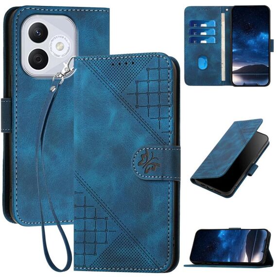 Custodia in pelle con motivo a farfalla in rilievo per Honor 400 Lite con cordino (blu scuro)