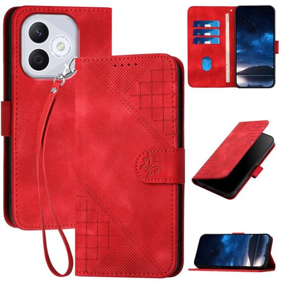 Custodia in pelle con motivo a farfalla in rilievo per Honor 400 Lite con cordino (rosso)