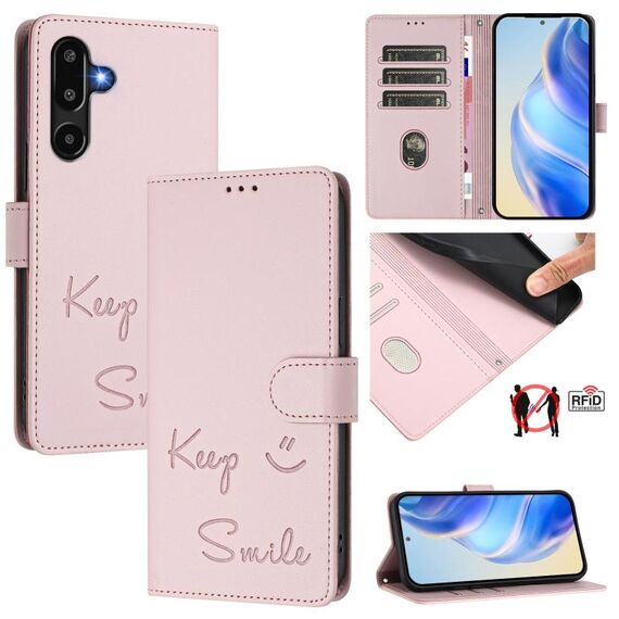 Per Samsung Galaxy F16 5G / M16 5G Global Smile Embossing RFID Custodia in pelle per telefono (rosa)