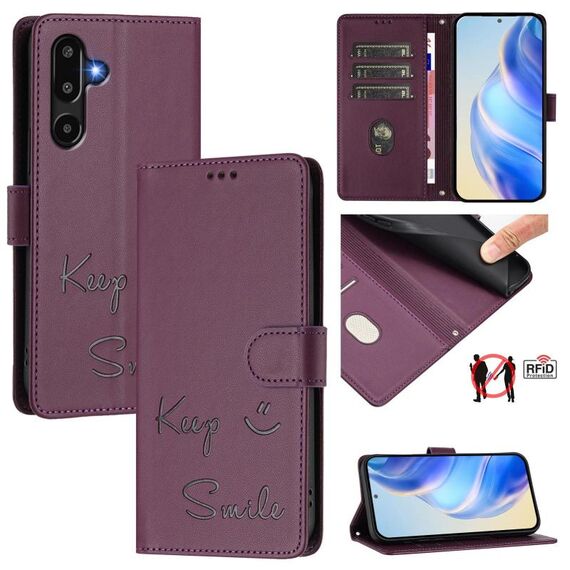 Per Samsung Galaxy F16 5G / M16 5G Global Smile Embossing RFID Custodia in pelle per telefono (viola)