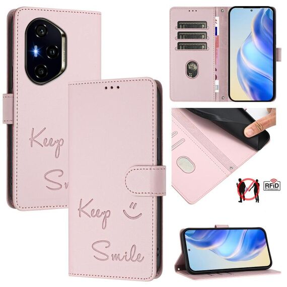 Custodia per telefono in pelle RFID con stampa a sorriso per Honor 400 (rosa)