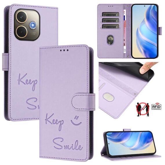 Custodia in pelle con stampa RFID con sorriso globale per OPPO A5 Pro 5G (viola chiaro)
