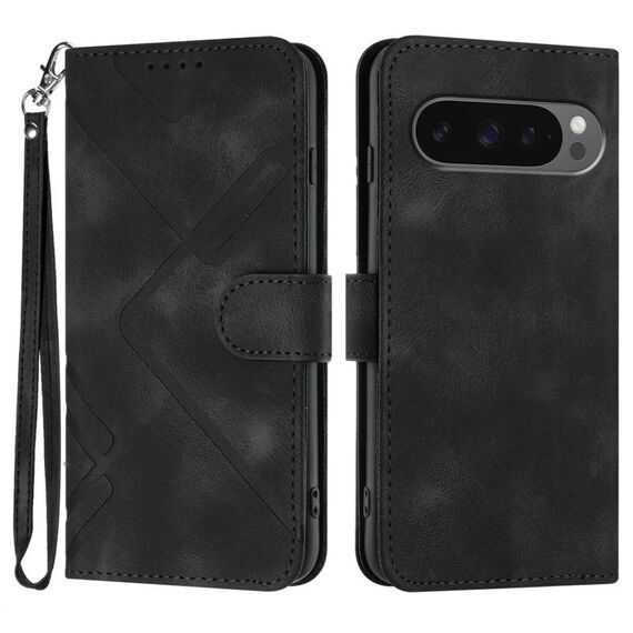 Per Google Pixel 10 / Pixel 10 Pro Custodia per telefono in pelle con motivo a linee (nero)