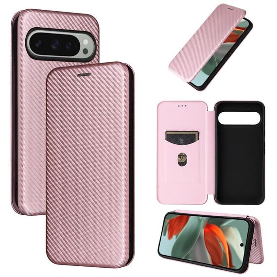 Per Google Pixel 10 Pro XL 5G Custodia per telefono in pelle con texture in fibra di carbonio globale (rosa)