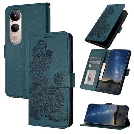 Per vivo V50 Lite 4G / 5G Custodia in pelle con motivo a fiori di Datura (verde scuro)