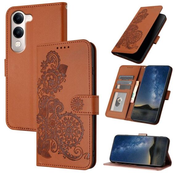 Per vivo Y29s 5G / Y04 4G Custodia per telefono in pelle con stampa a fiore di Datura (marrone)