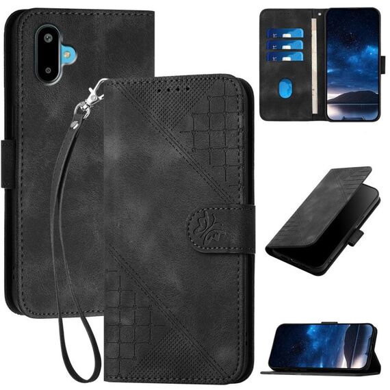 Per Samsung Galaxy F06 5G / M06 5G Custodia in pelle con motivo a farfalla in rilievo con cordino (nero)