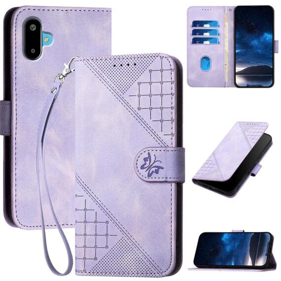 Per Samsung Galaxy F06 5G / M06 5G Custodia in pelle con motivo a farfalla in rilievo con cordino (viola chiaro)