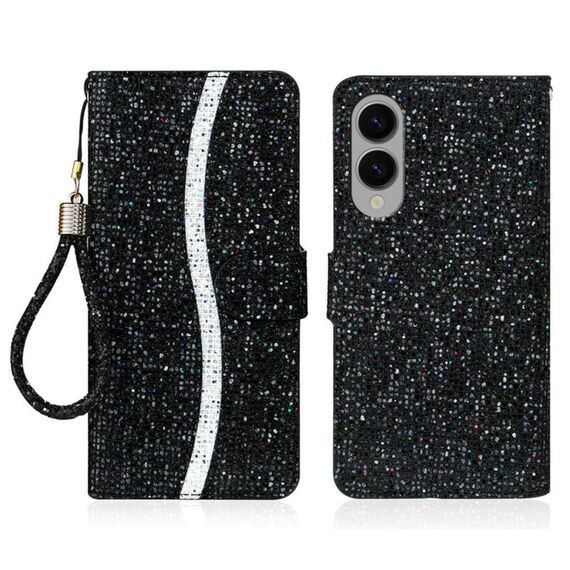 Per Samsung Galaxy S25 Edge 5G Custodia in pelle con glitter e pellicola protettiva (nera)