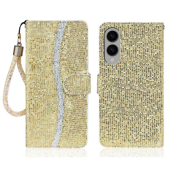 Per Samsung Galaxy S25 Edge 5G Custodia in pelle con glitter e pellicola protettiva (oro)
