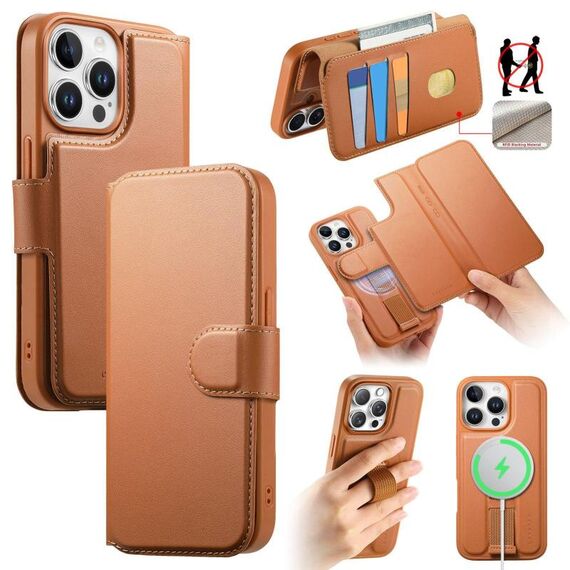 Per iPhone 13 Pro CaseNeo Finger Grip Strap MagSafe Custodia in pelle per telefono (marrone)