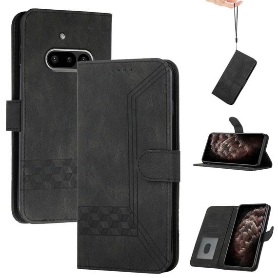 Per Nothing Phone 3a Custodia in pelle con chiusura a scatto cubica (nera)