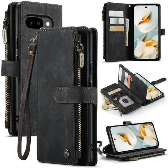 Per Google Pixel 9a CaseMe C30 Custodia per telefono in pelle con cerniera e slot per schede (nero)